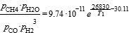 p_CH4*p_H2O/(p_CO*p_H2^3)=9.74*10^(-11)*exp(26830/T_1-30.11)