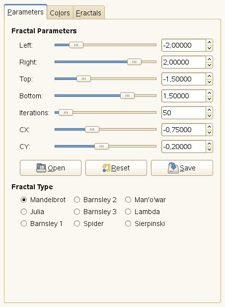 “Fractal Explorer” filter options (Parameters)