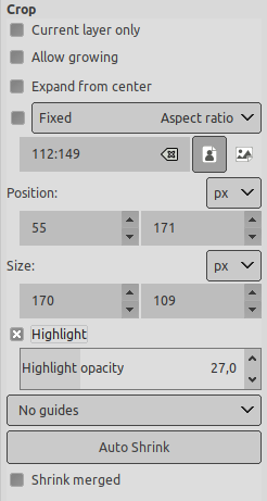 Tool Options for the “Crop” tool